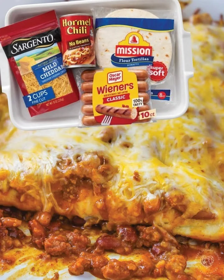 Delicious Chili Dog Casserole topped with cheese and jalapeños