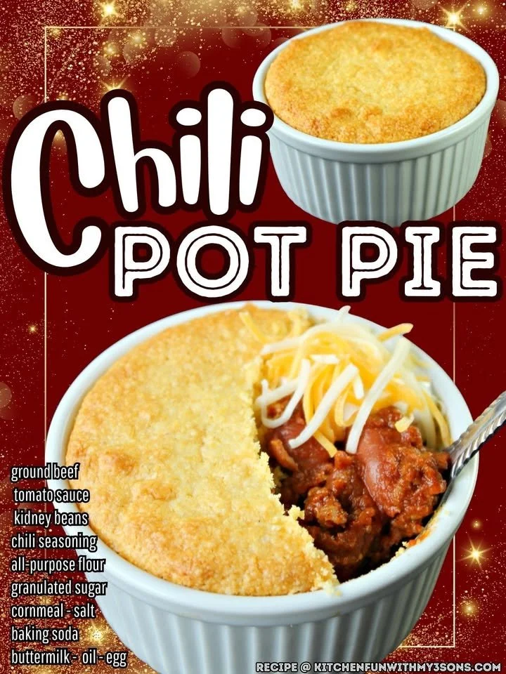 Delicious Chili Pot Pie topped with a golden cornbread crust