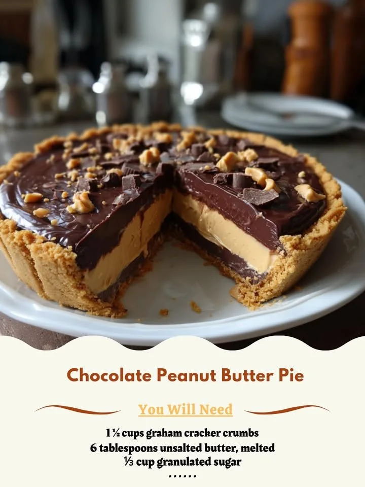 Delicious homemade Chocolate Peanut Butter Pie topped with chocolate drizzle
