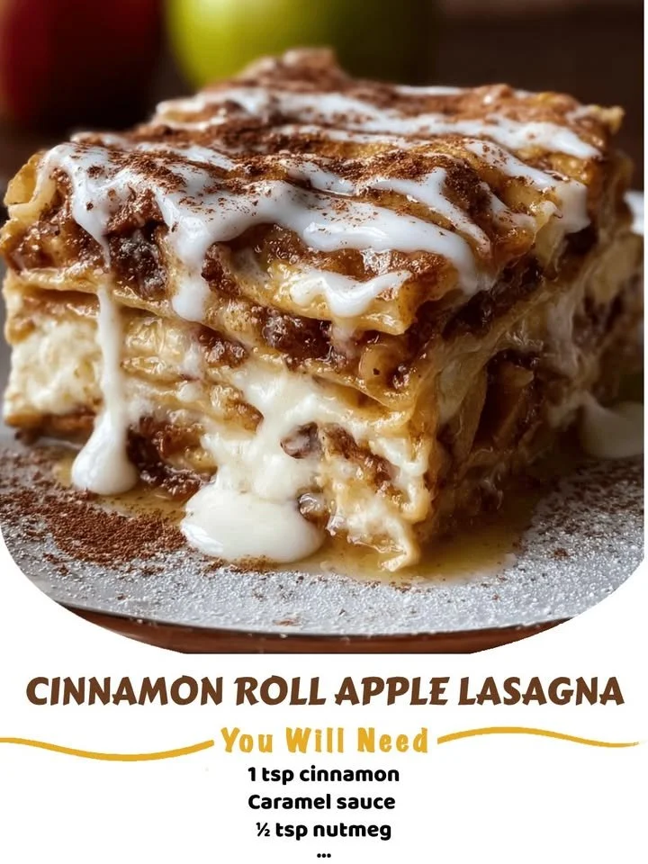 Delicious Cinnamon Roll Apple Lasagna with layers of cinnamon, apples, and cream