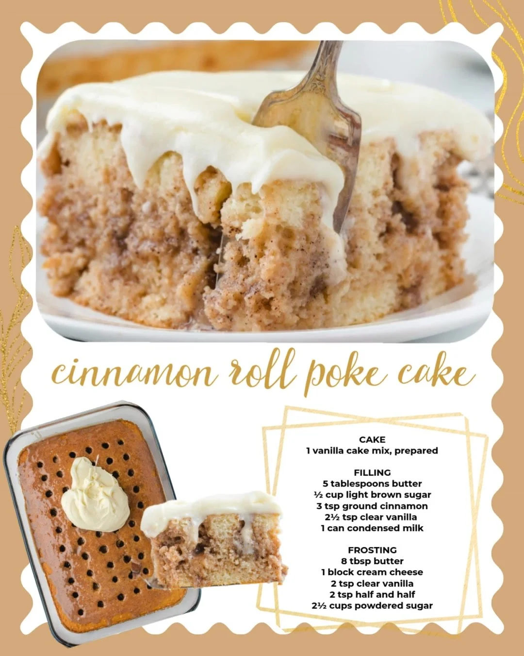 Delicious cinnamon roll cake topped with icing and cinnamon swirls