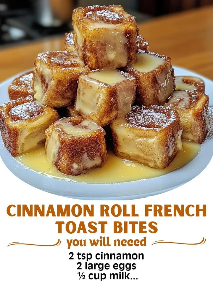 Delicious cinnamon roll french toast bites served with maple syrup
