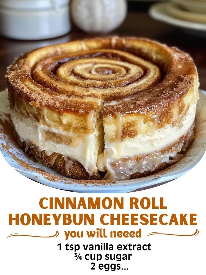 Delicious cinnamon roll cheesecake topped with honey-style bun glaze