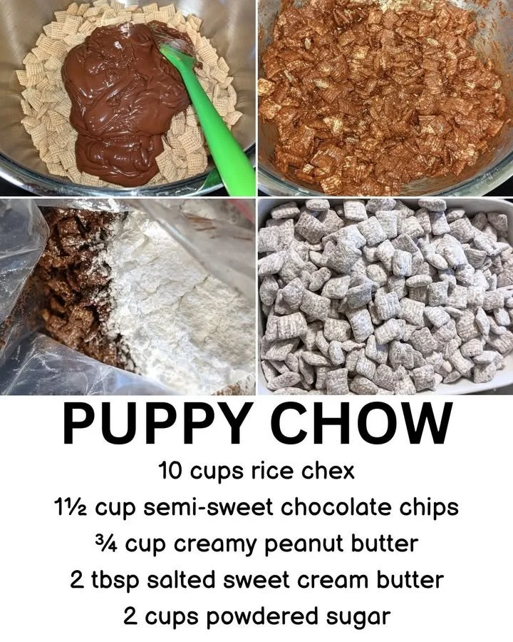 Delicious classic Puppy Chow (Muddy Buddies) dessert recipe on a wooden table.