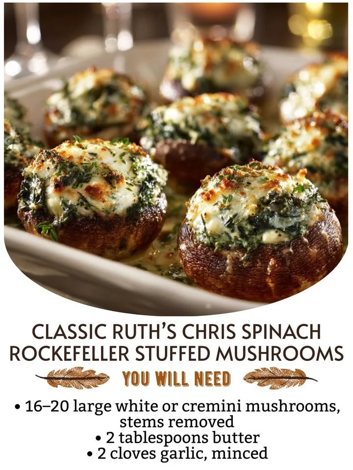 Delicious Ruth’s Chris Spinach Rockefeller Stuffed Mushrooms served on a platter.