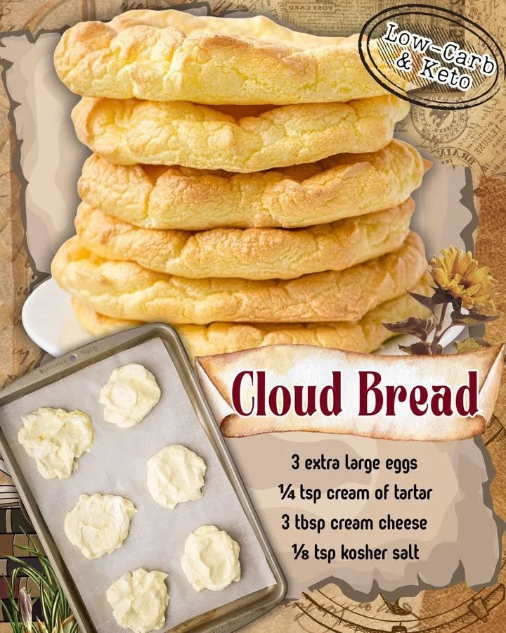 Delicious slices of fluffy cloud bread served on a wooden board.