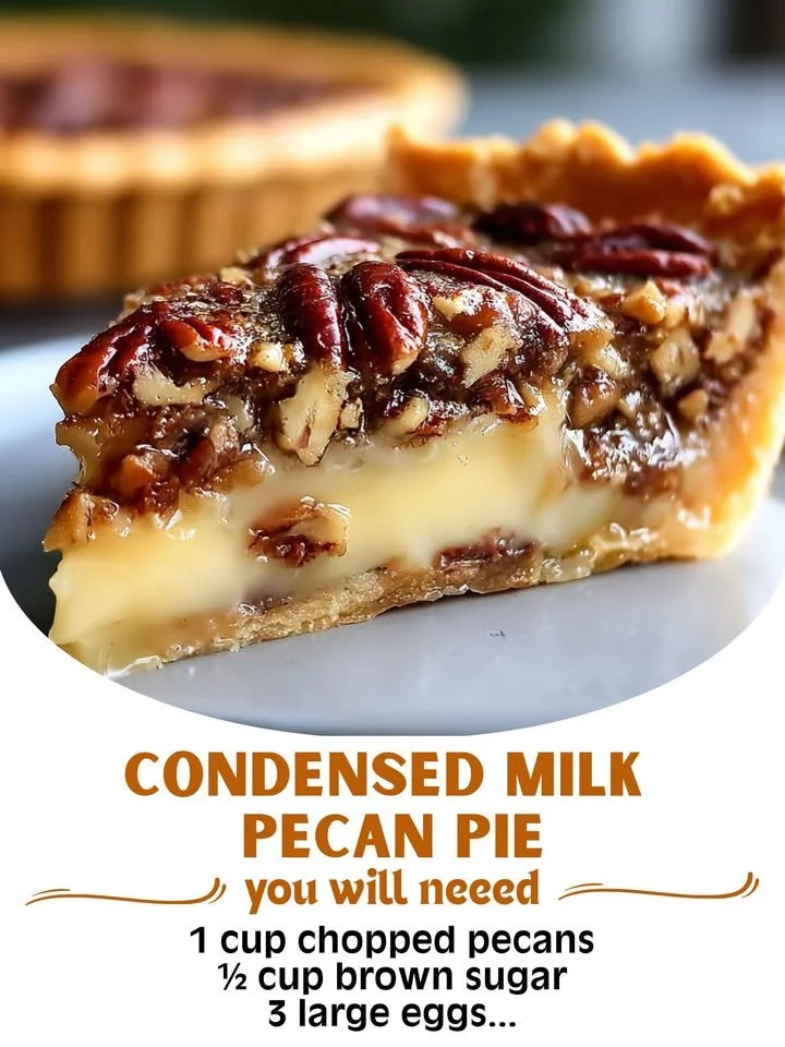Deliciously rich condensed milk pecan pie served on a rustic wooden table.
