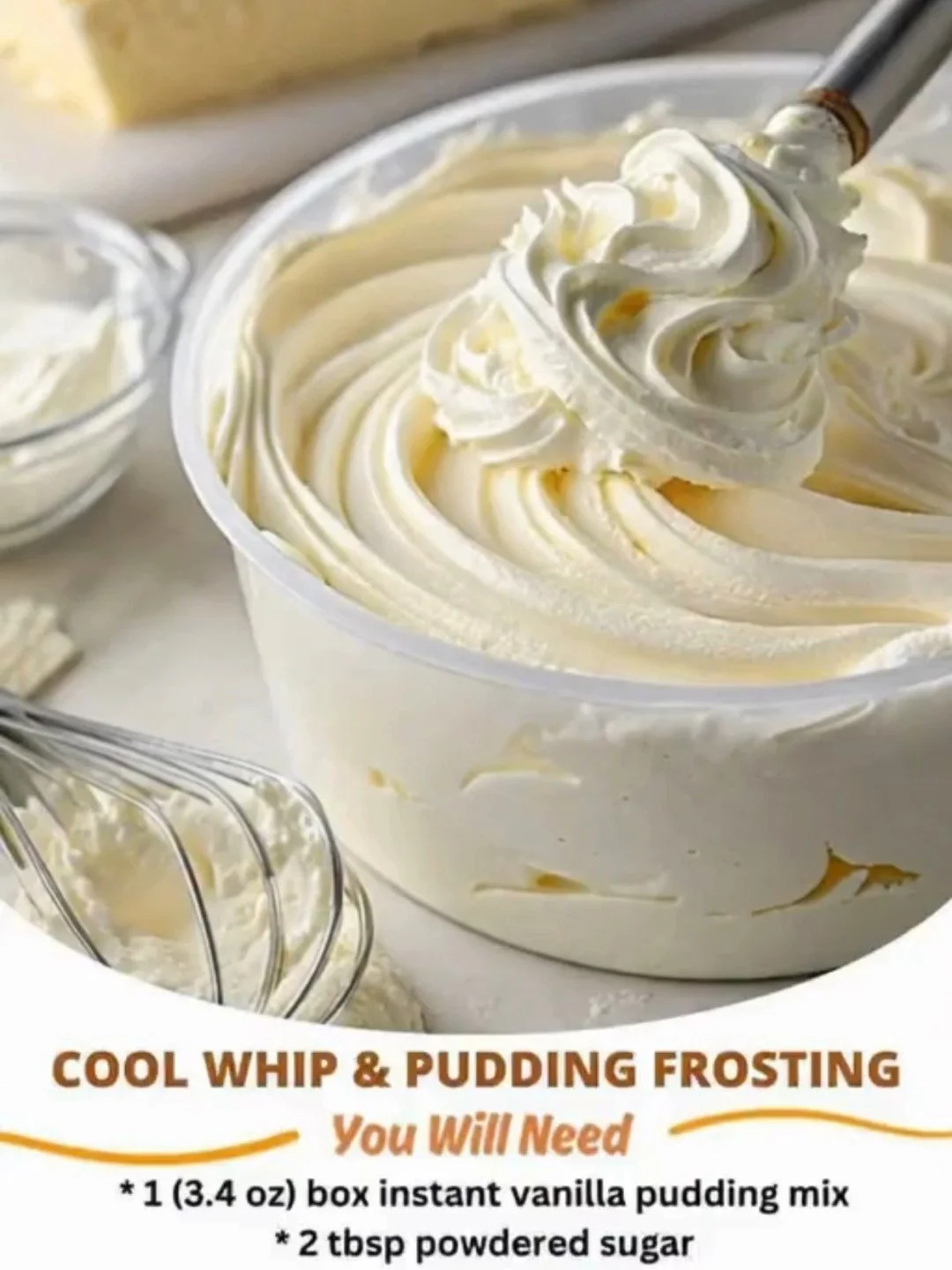 A bowl of Cool Whip and pudding frosting ready to use on desserts.