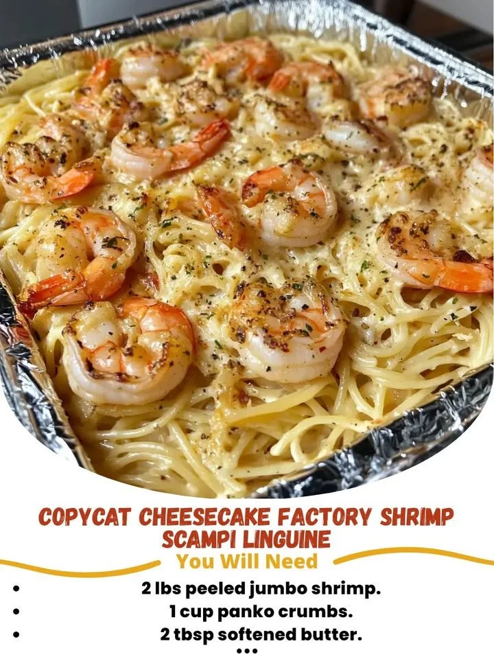 Plate of Copycat Cheesecake Factory shrimp scampi linguine with garlic and parsley
