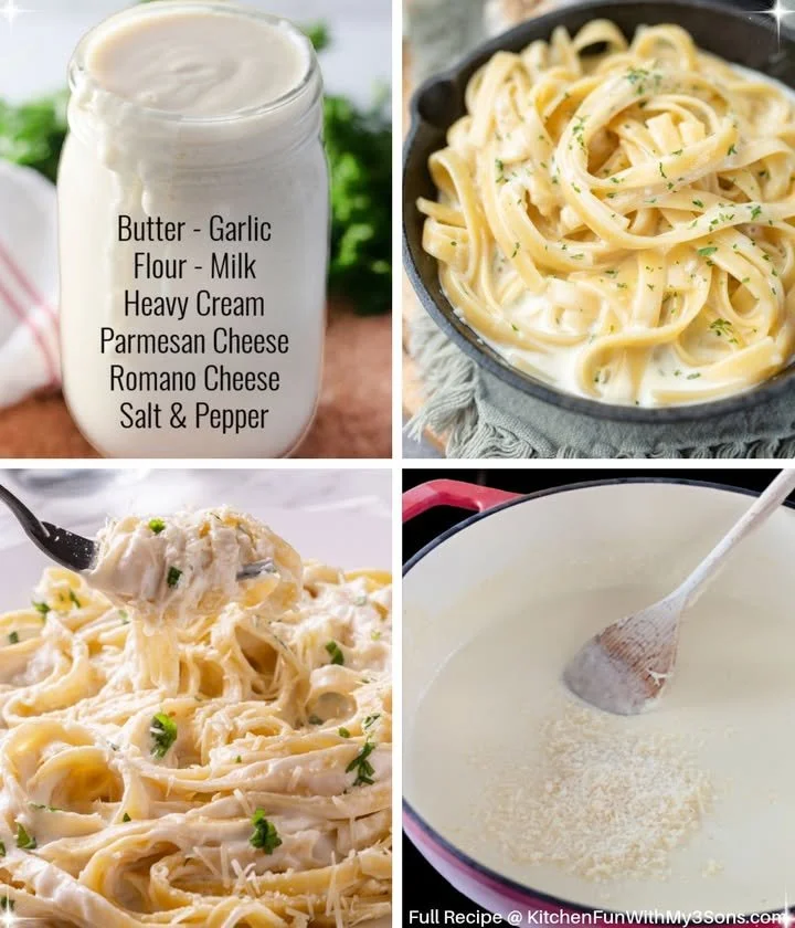 Creamy Copycat Olive Garden Alfredo Sauce recipe served with pasta.