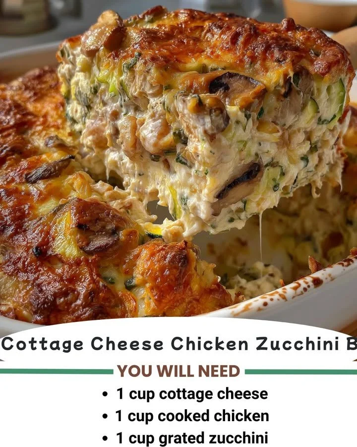 Cottage Cheese Chicken & Zucchini Bake in a casserole dish