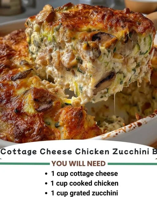 Cottage Cheese Chicken Zucchini Bake on a baking dish, topped with herbs