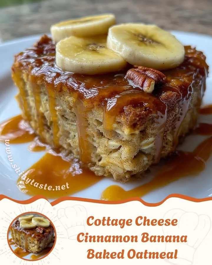 Cottage Cheese Cinnamon Banana Baked Oatmeal in a bowl with banana slices on top.
