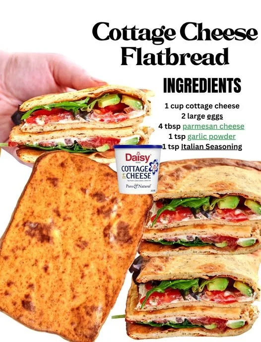 Delicious Cottage Cheese Flatbread served on a wooden board with toppings.