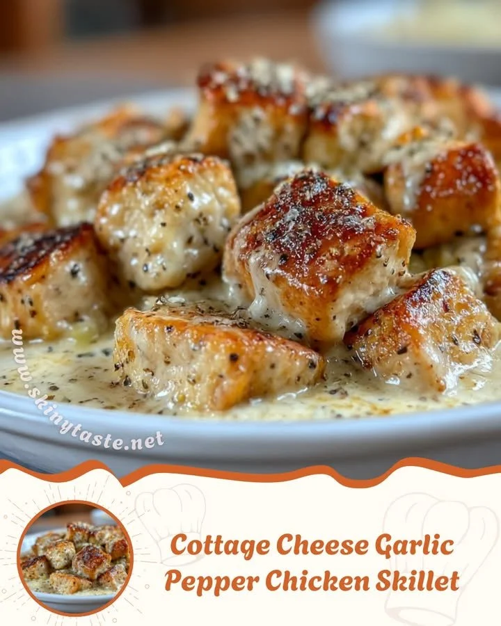 Cottage Cheese Garlic Pepper Chicken Skillet served garnished with herbs