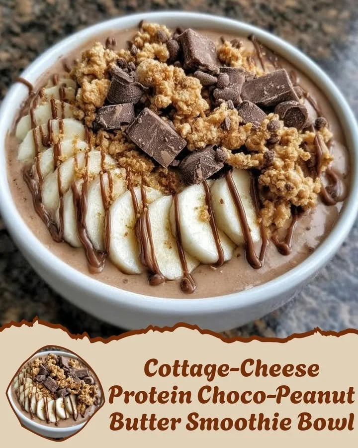 Cottage-Cheese Protein Choco-Peanut Butter Smoothie Bowl topped with fruit and nuts