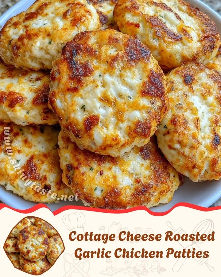 Cottage cheese roasted garlic chicken patties on a serving plate