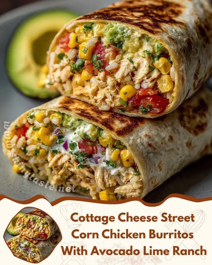 Cottage Cheese Street Corn Chicken Burritos with Avocado Lime Ranch on a plate