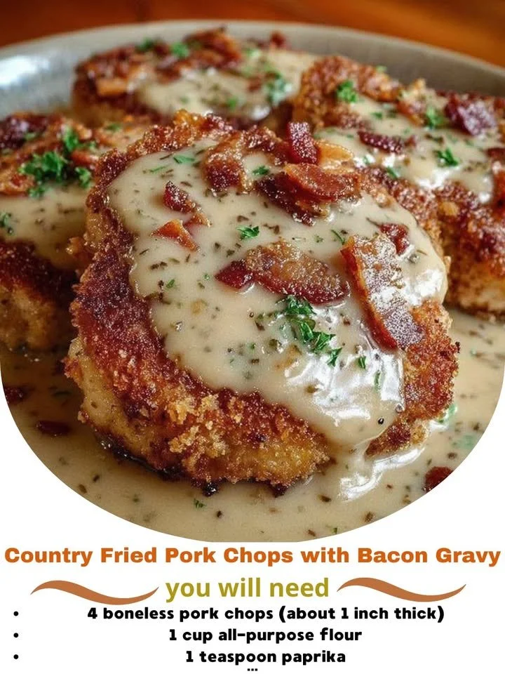 Country fried pork chops with bacon gravy served on a plate