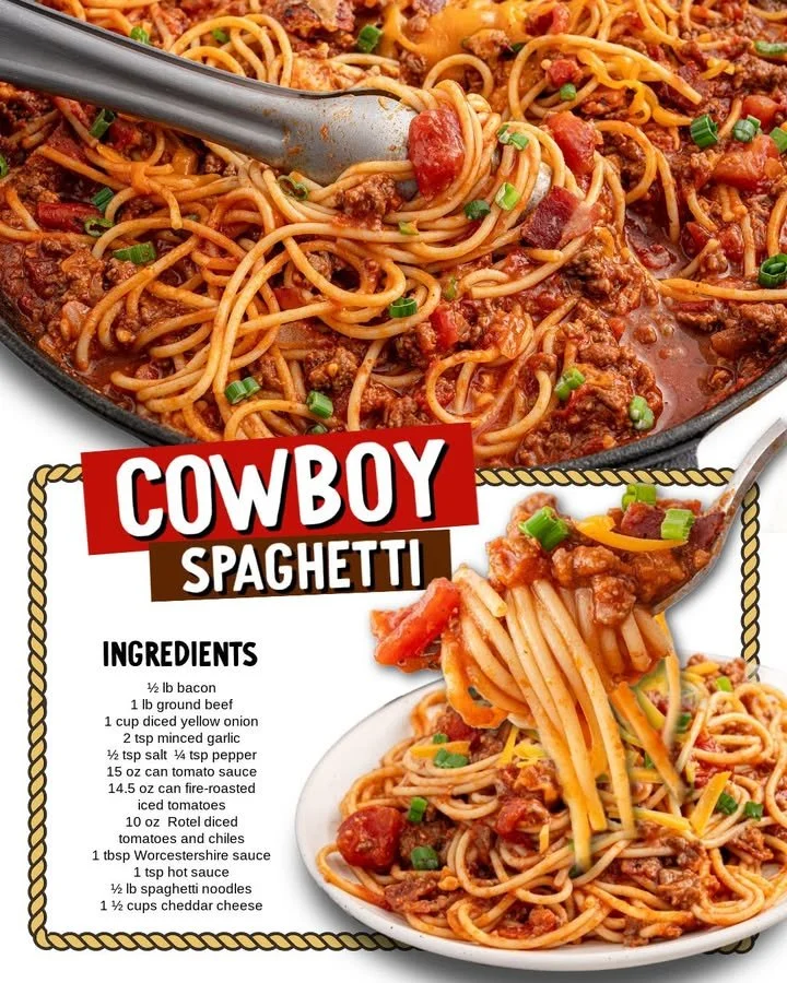A hearty bowl of Cowboy Spaghetti topped with cheese and herbs.