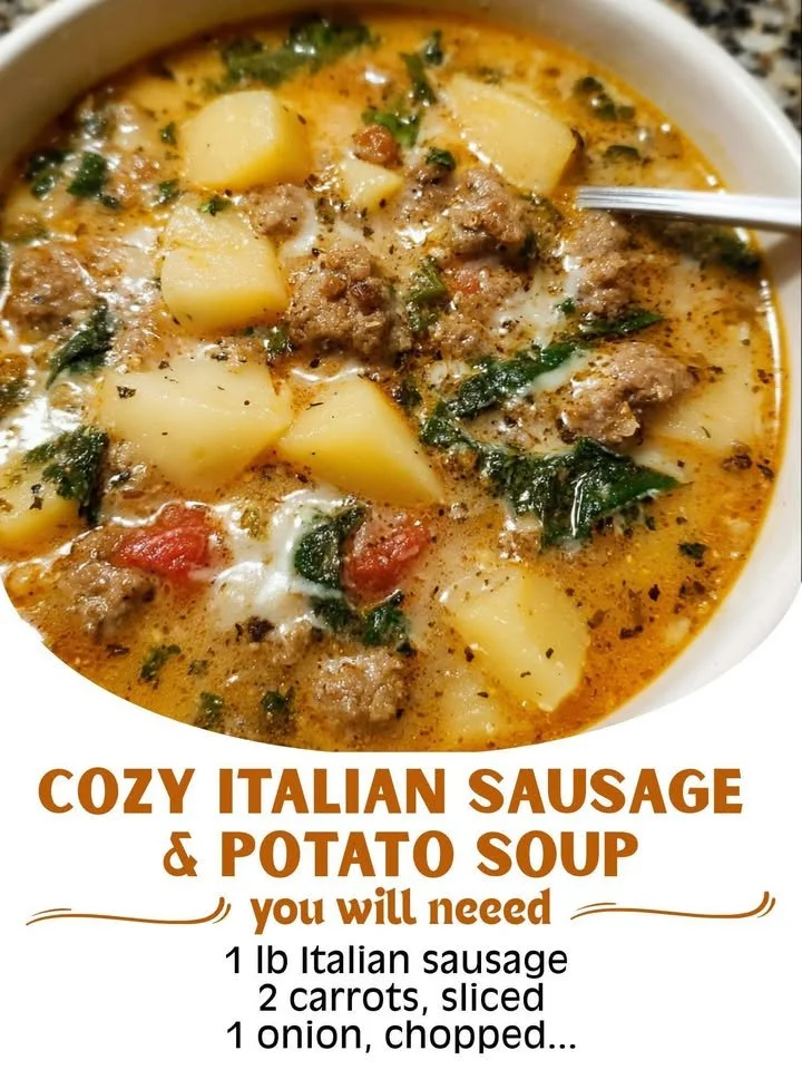 Cozy bowl of Italian sausage and potato soup garnished with herbs