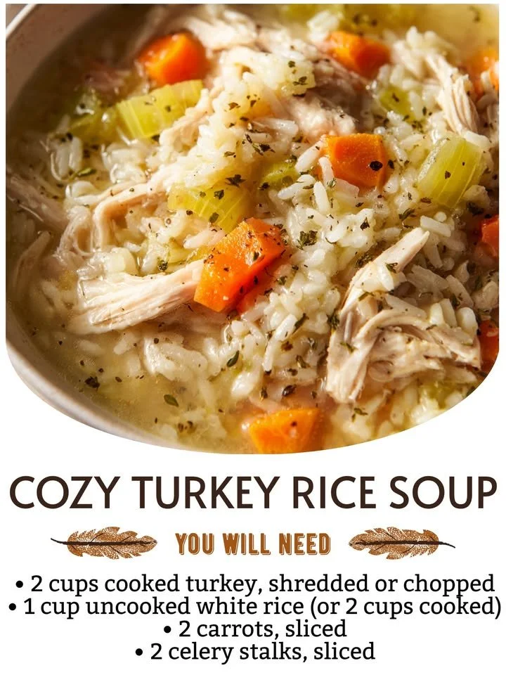Bowl of cozy Turkey Rice Soup garnished with herbs
