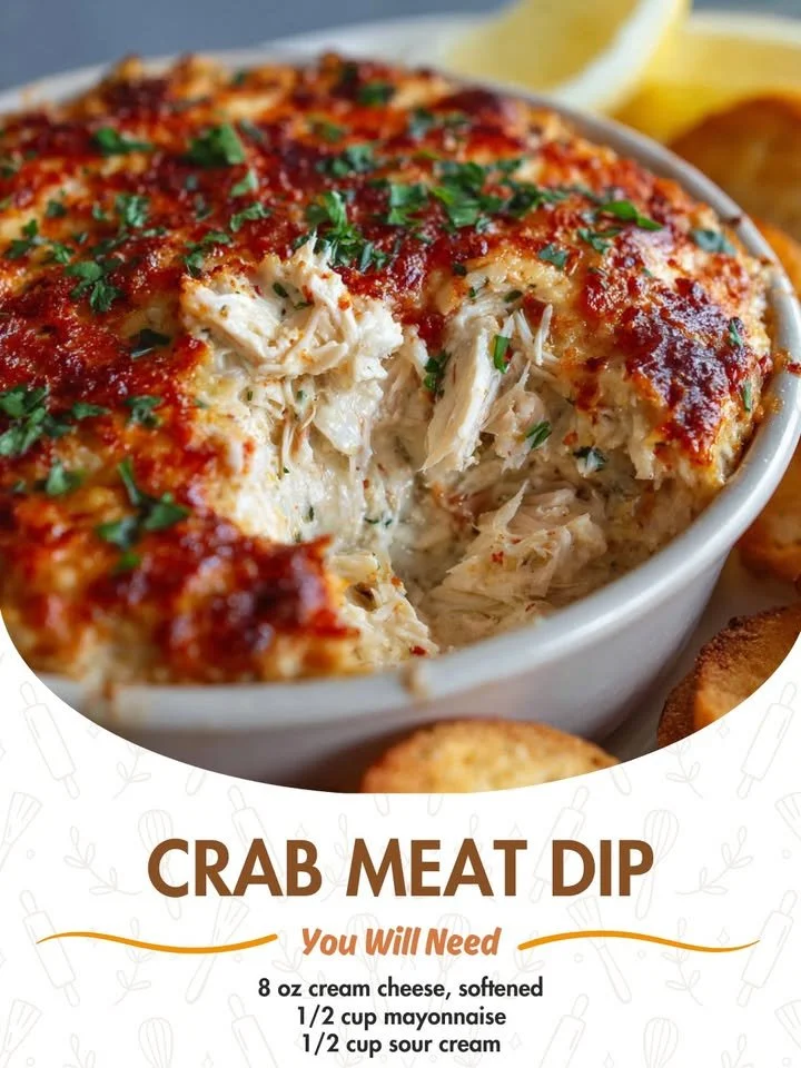 Delicious crab meat dip served in a bowl with crackers and garnished with herbs