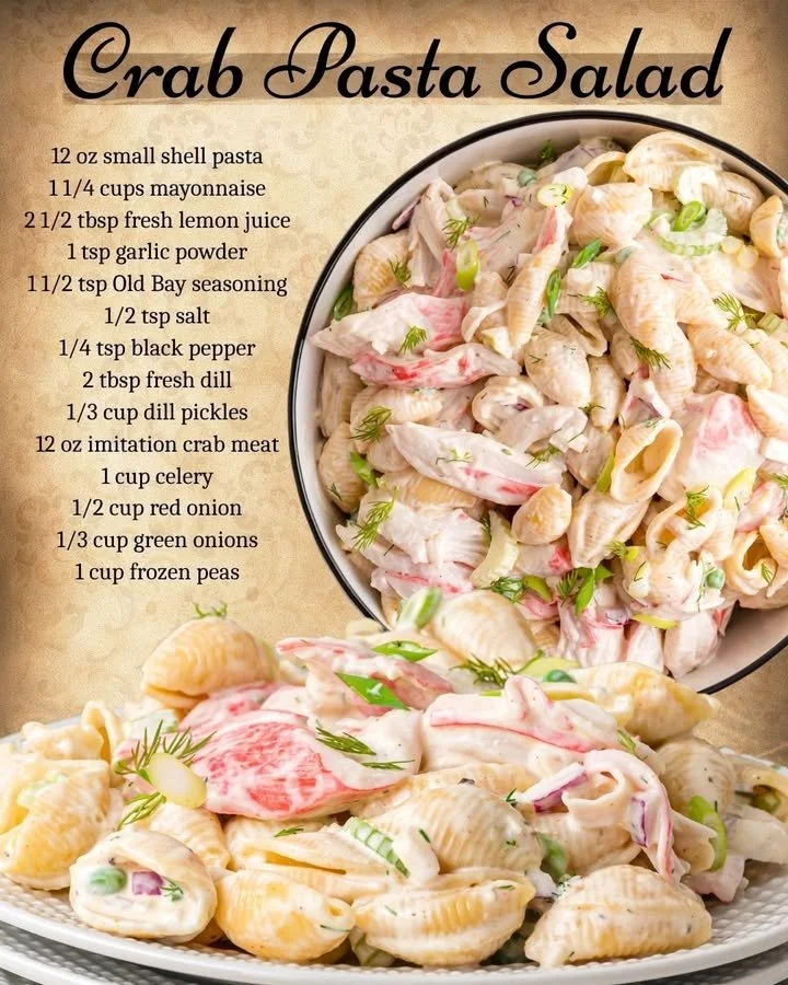 Delicious crab pasta salad with fresh ingredients and herbs.