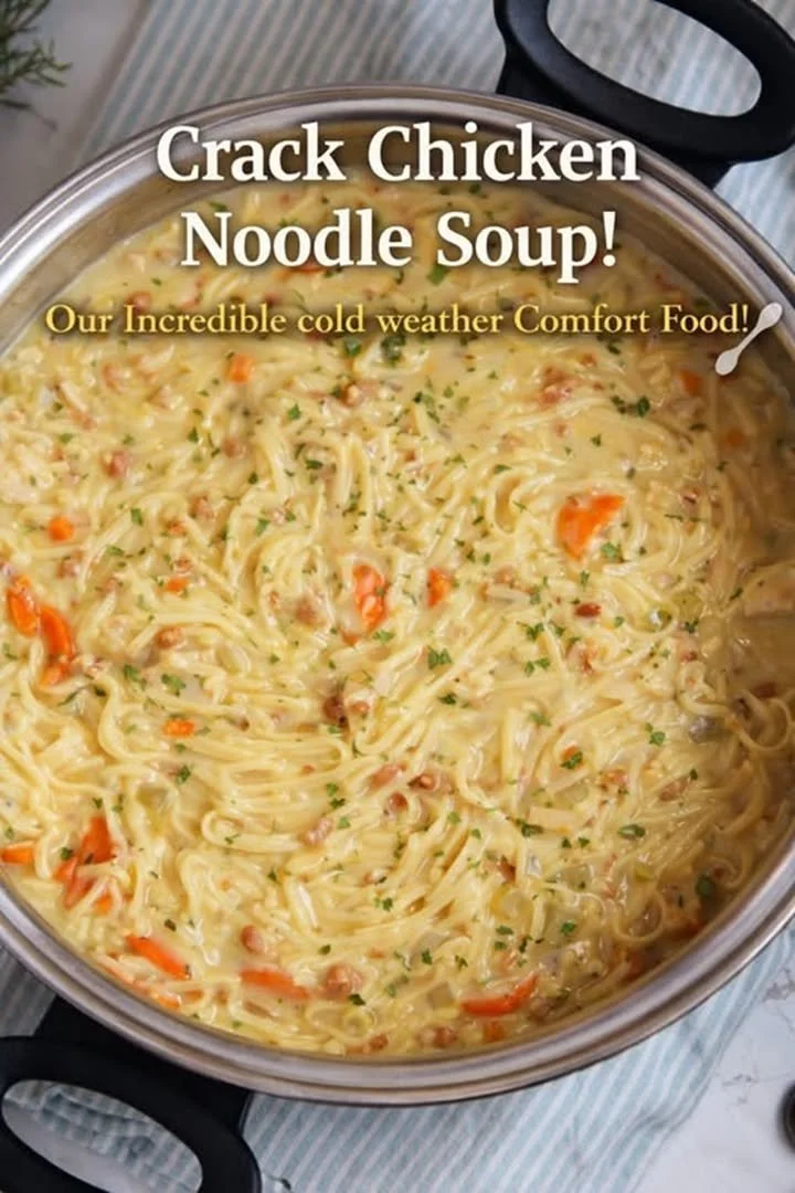 Bowl of creamy Crack Chicken Noodle Soup with herbs and spices