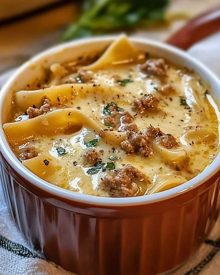 Bowl of creamy Alfredo lasagna soup topped with Parmesan and herbs