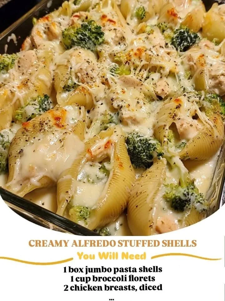 Creamy Alfredo stuffed shells filled with cheese and herbs baked to perfection.