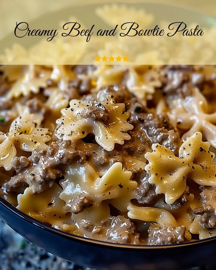 Creamy beef and bowtie pasta served in a bowl with garnish