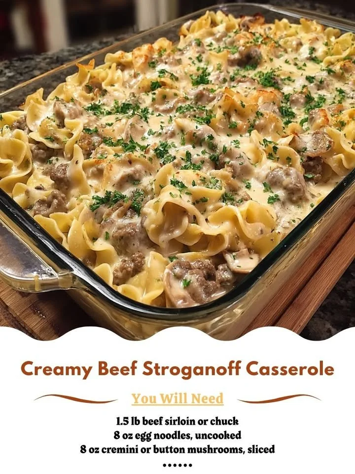 Creamy Beef Stroganoff Casserole topped with herbs and served in a baking dish
