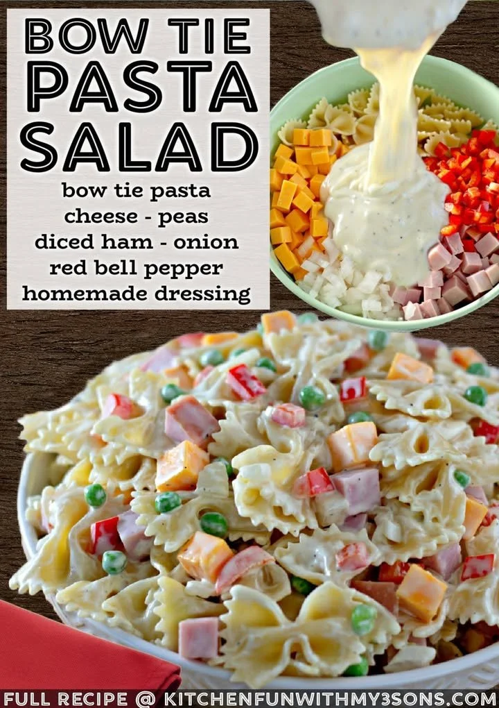 Creamy bow tie pasta salad with colorful vegetables and dressing