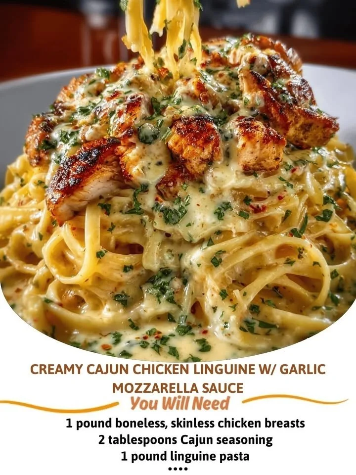 Creamy Cajun Chicken Linguine topped with garlic mozzarella sauce