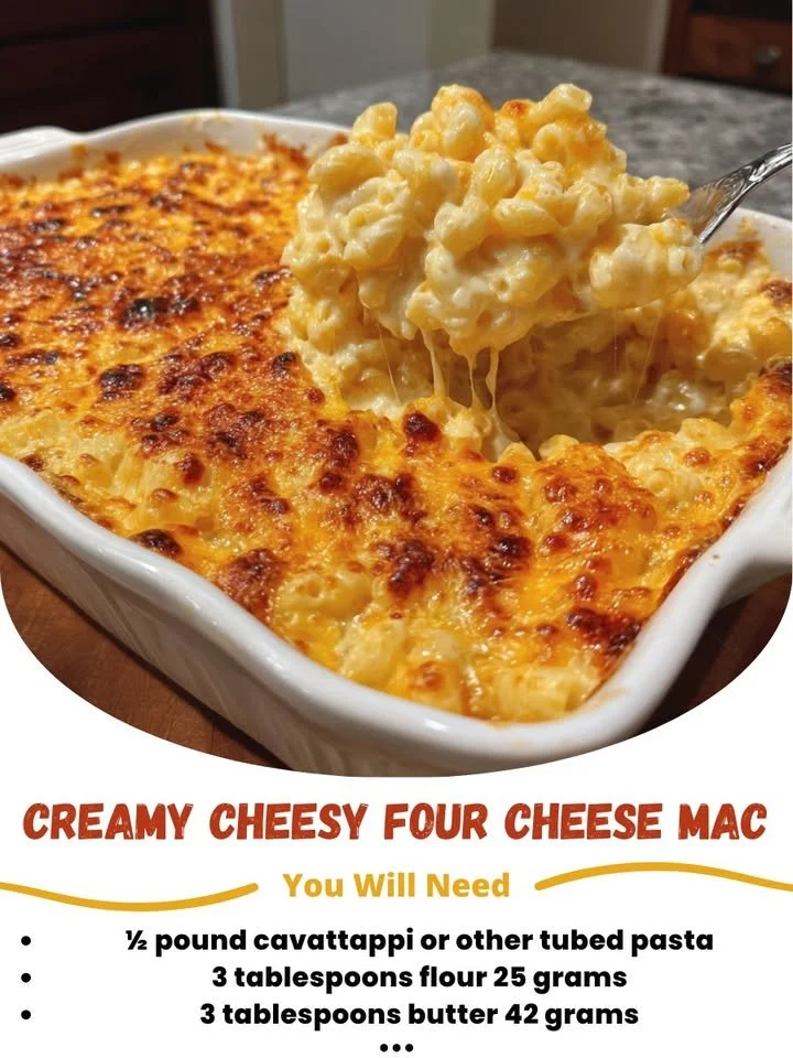 Creamy cheesy four cheese mac topped with golden crust