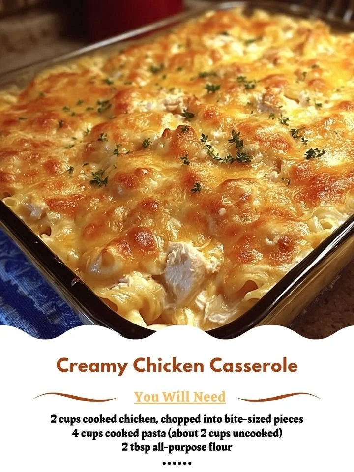 Creamy chicken casserole baked with vegetables and topped with cheese