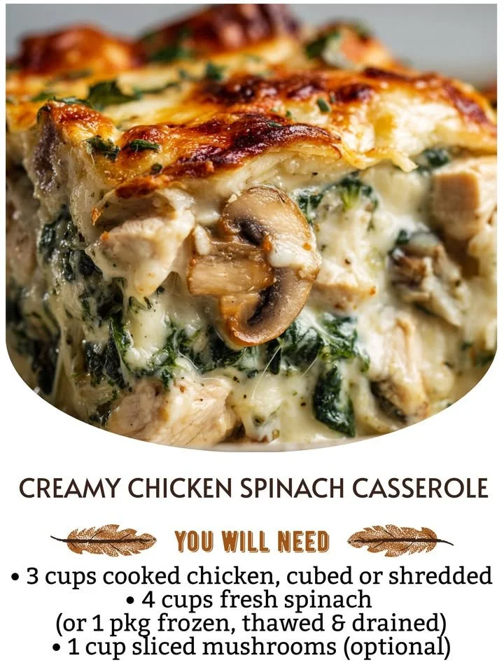 Creamy chicken spinach casserole served in a baking dish, ready to enjoy.