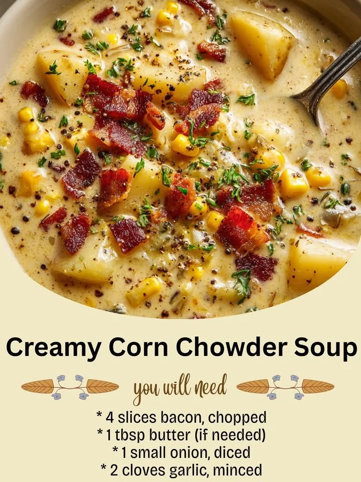 Bowl of creamy corn chowder soup garnished with herbs