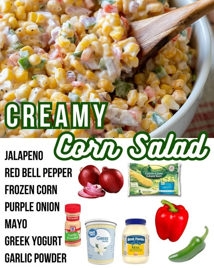 Bowl of creamy corn salad with fresh vegetables and dressing
