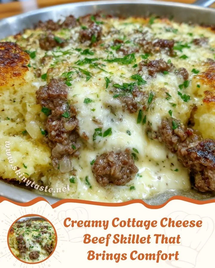 Creamy Cottage Cheese Beef Skillet topped with herbs in a cast-iron pan
