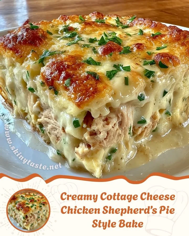 Creamy cottage cheese chicken shepherd's pie style bake served in a dish