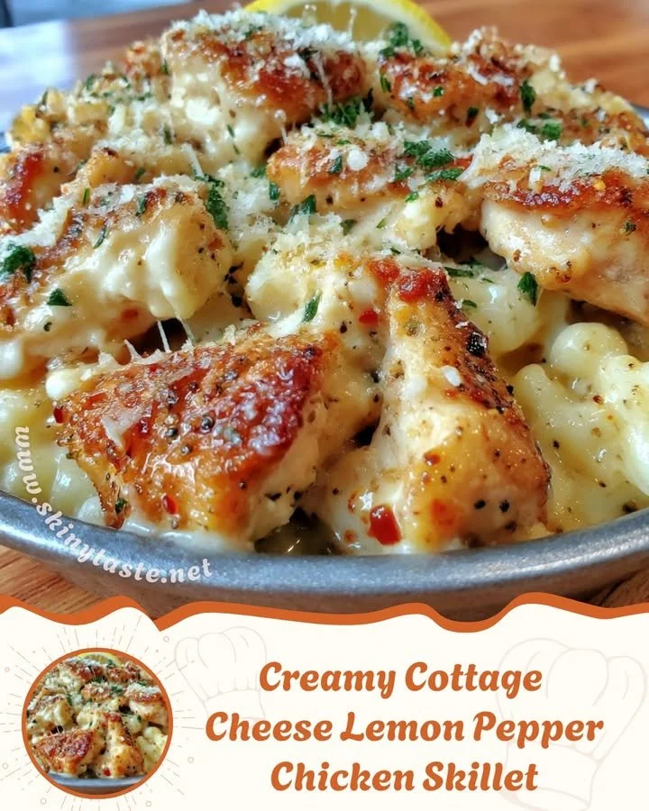 Creamy cottage cheese lemon pepper chicken skillet recipe with vibrant seasoning.