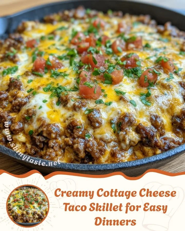 Creamy cottage cheese taco skillet served in a cast iron pan