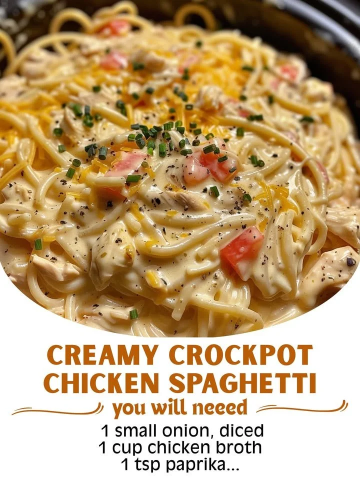 Creamy crockpot chicken spaghetti recipe garnished with herbs