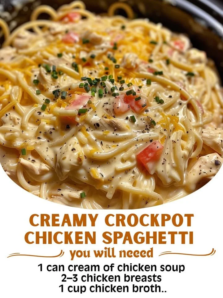 Creamy Crockpot Chicken Spaghetti served in a bowl with herbs garnish.