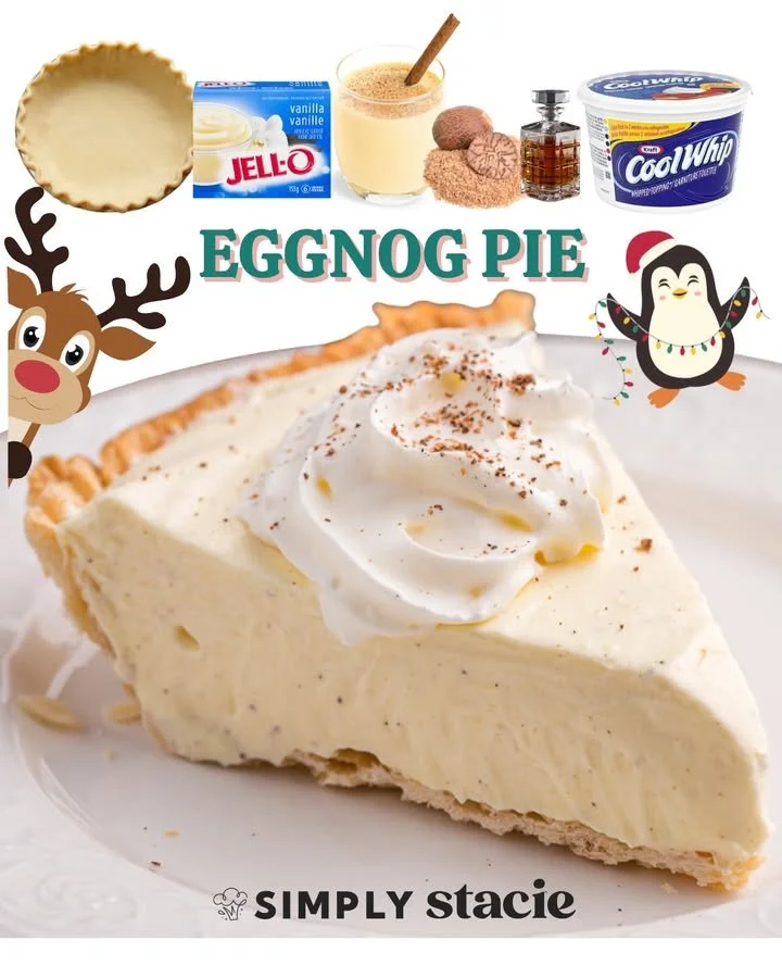 Slice of creamy eggnog pie topped with whipped cream and nutmeg.