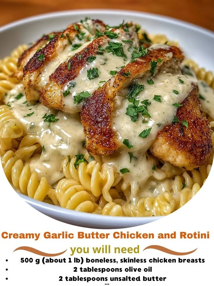 Creamy garlic butter chicken served with rotini in Parmesan sauce