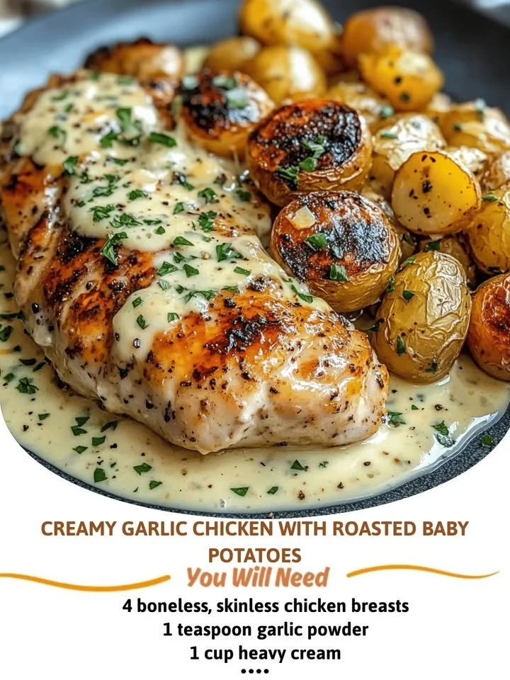 Creamy Garlic Chicken served with Roasted Baby Potatoes on a plate