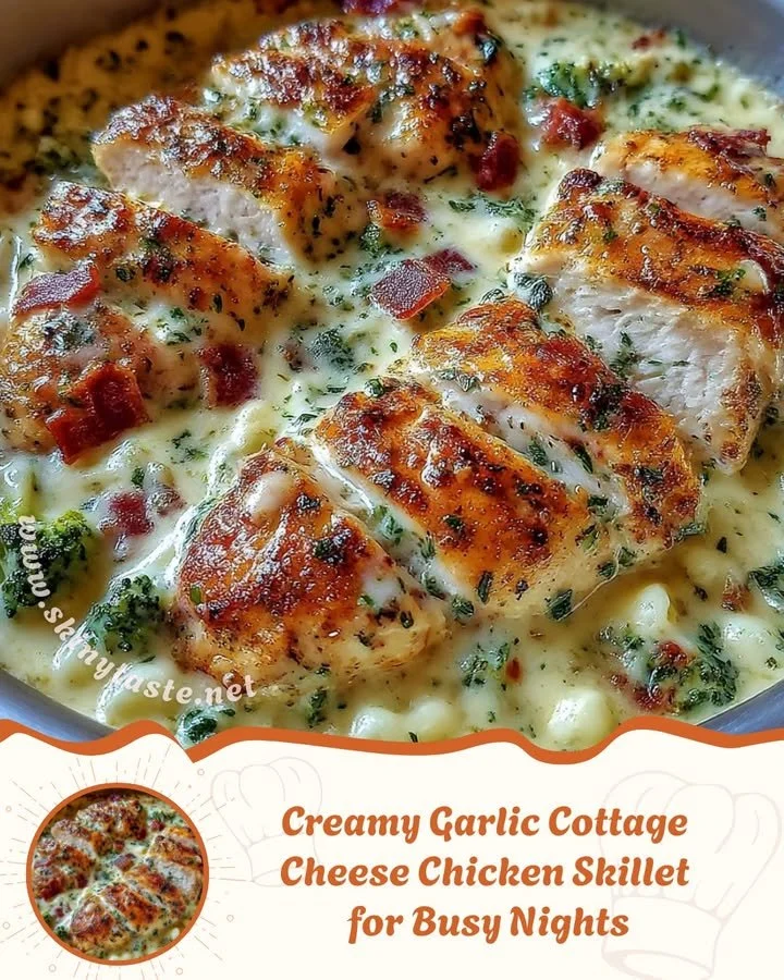 Creamy garlic cottage cheese chicken skillet dish served in a pan